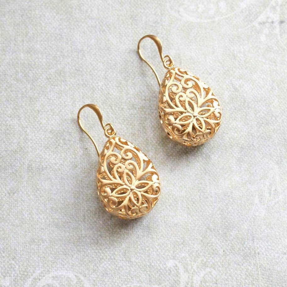 Gold Teardrop Filigree Earrings - Royalties