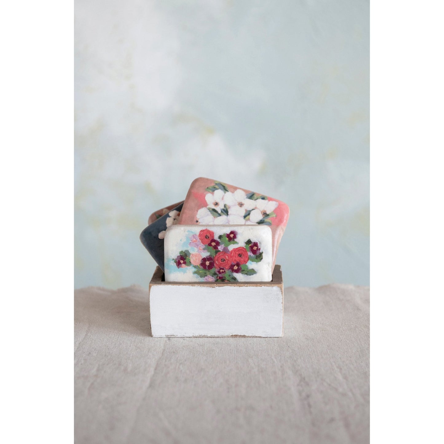 Resin Coasters with Flowers in Vase in Wood Box - Royalties