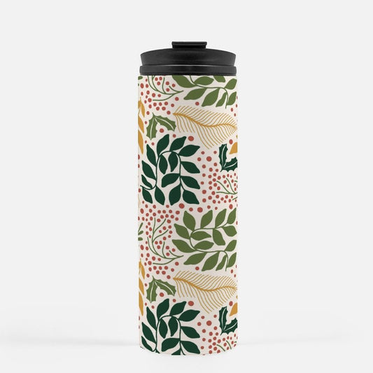 Boho Christmas Travel Mug, Folk Holiday Thermal Tumbler 16 oz., Holly Mug - Royalties