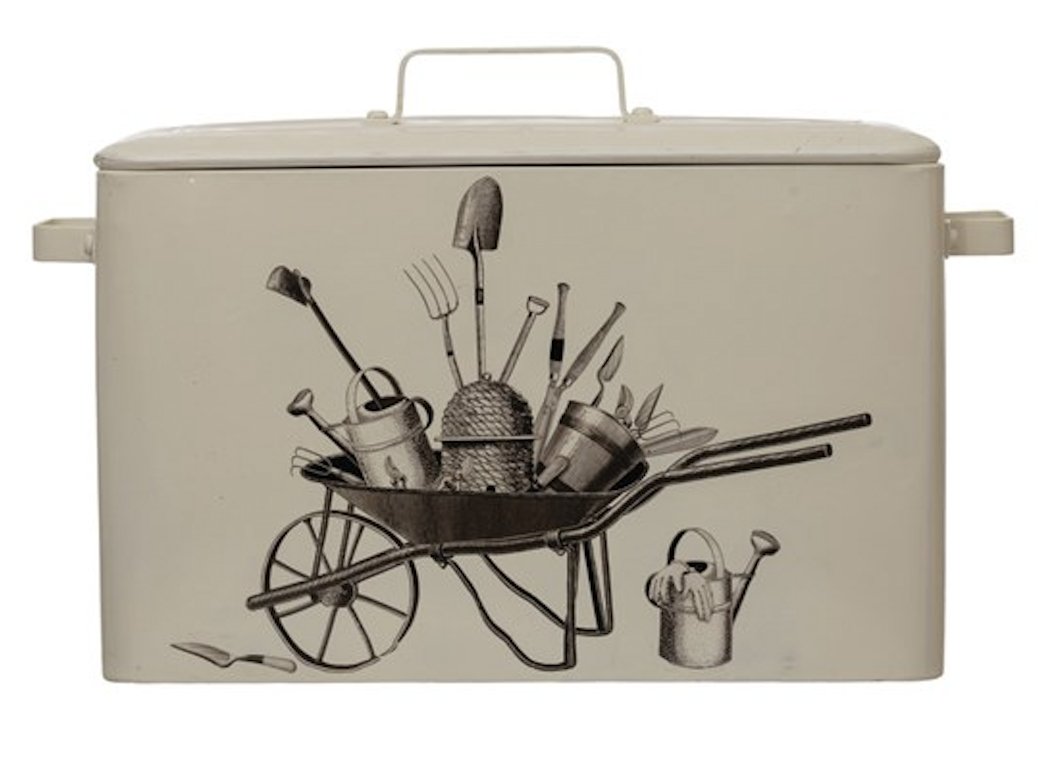 Decorative Metal Container with Garden Tools, White - Royalties