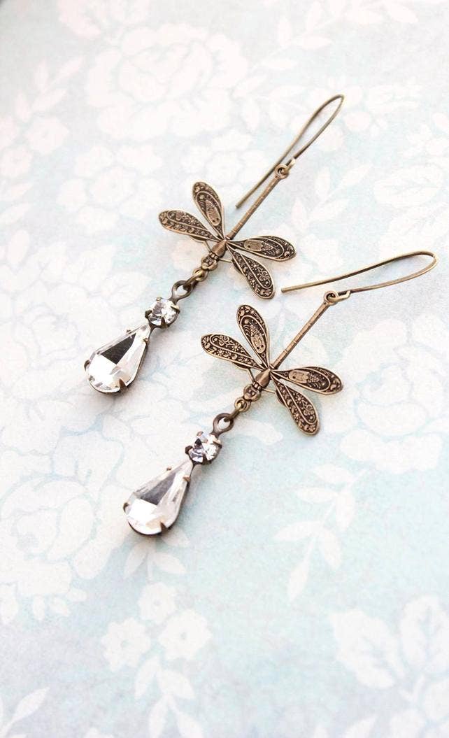 Dragonfly Crystal Sparkling Vintage Glass Earrings - Royalties