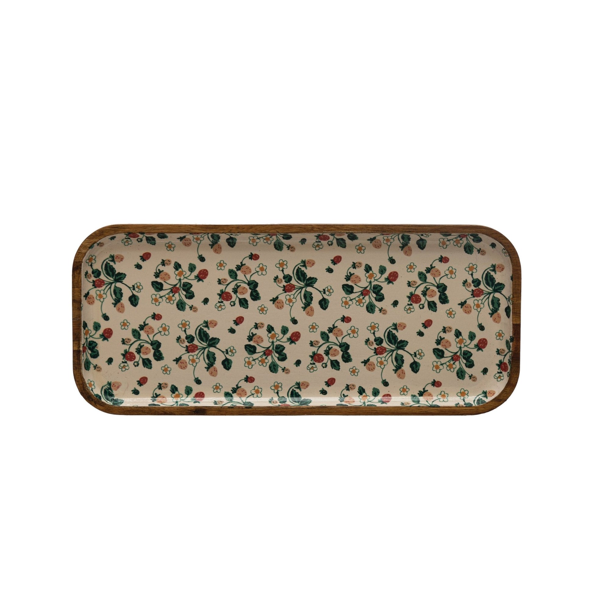 Enameled Acacia Wood Tray with Strawberry Floral Pattern - Royalties