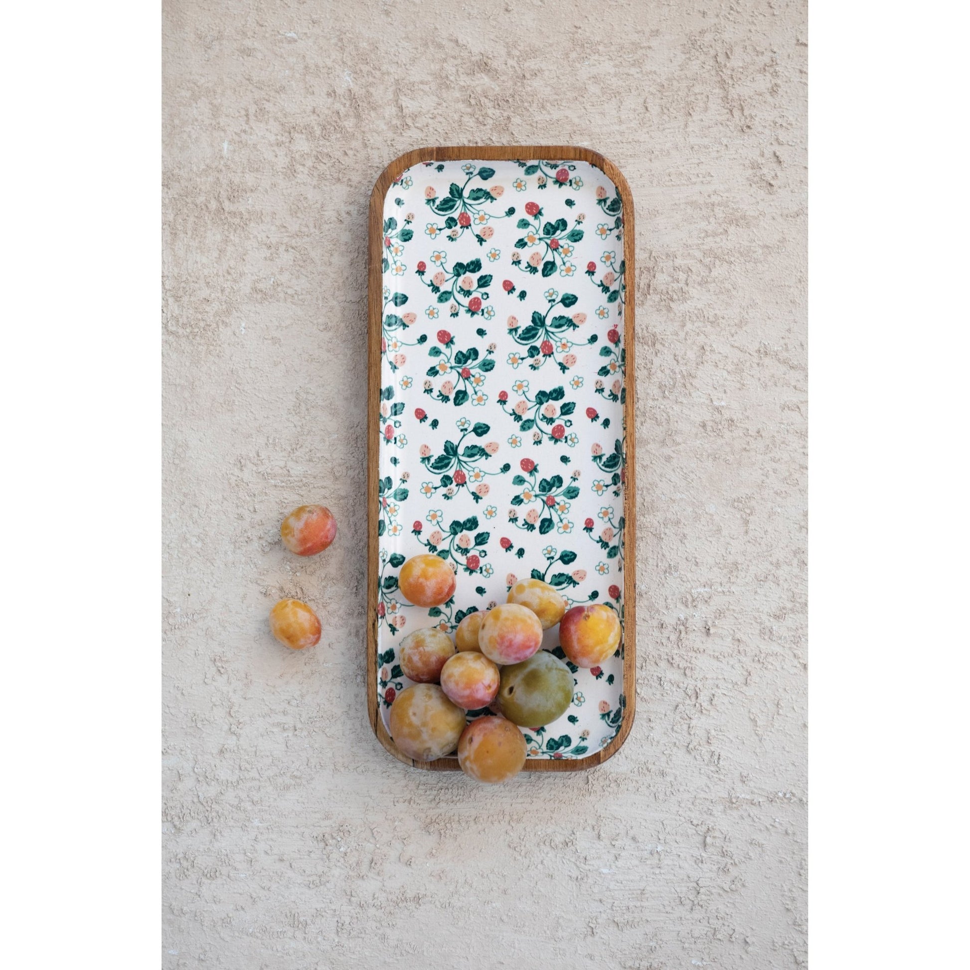 Enameled Acacia Wood Tray with Strawberry Floral Pattern - Royalties