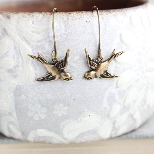 Flying Bird Earrings - Antiqued Gold Brass - Royalties