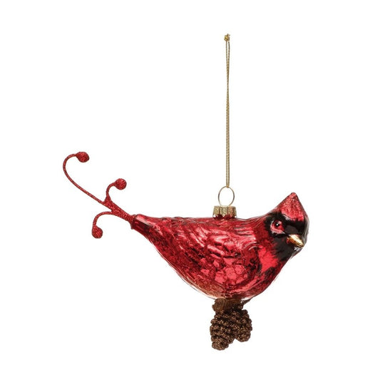 Glass Cardinal Ornament with Pinecones - Royalties