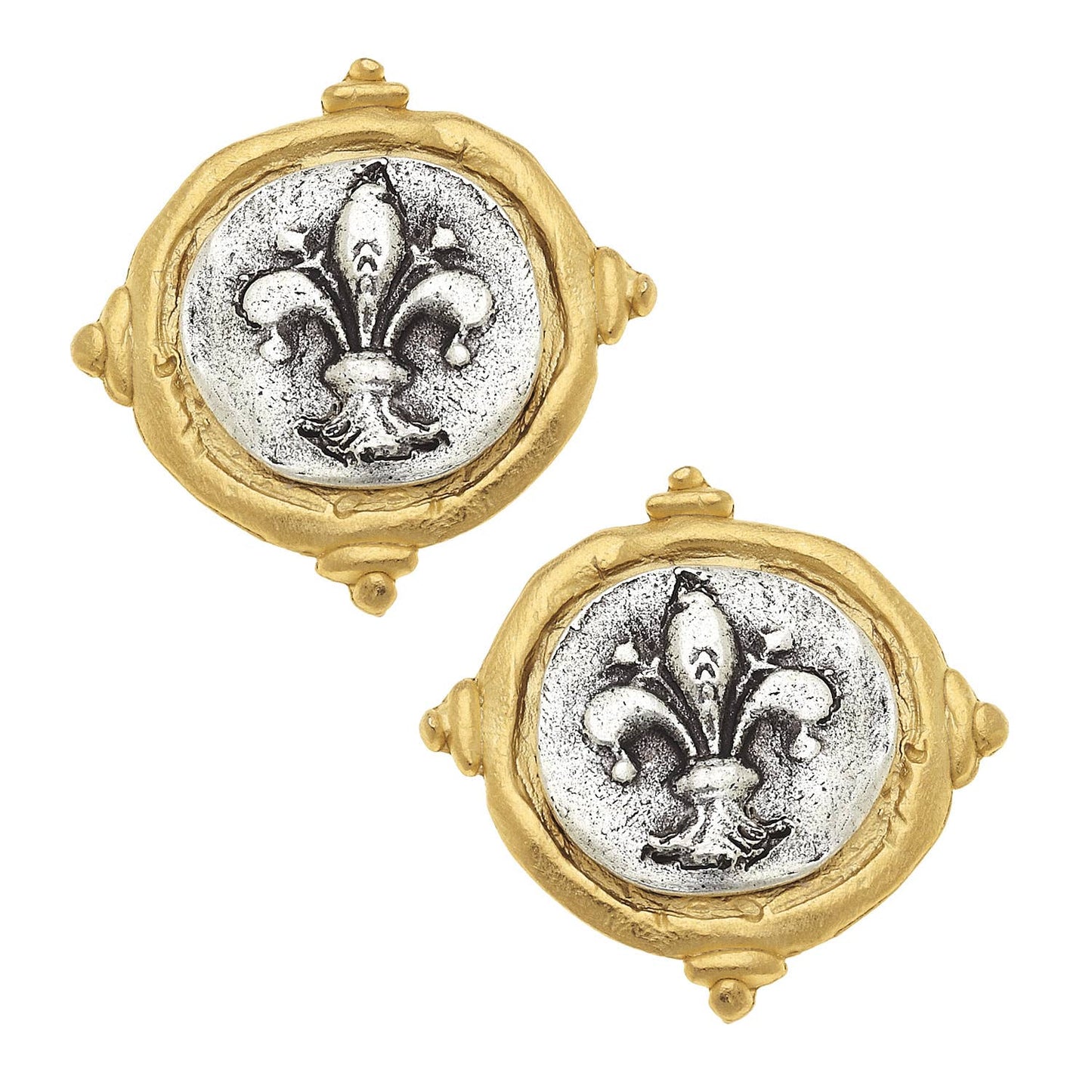 Gold and Silver Italian Intaglio Fleur De Lis Clip Earrings - Royalties
