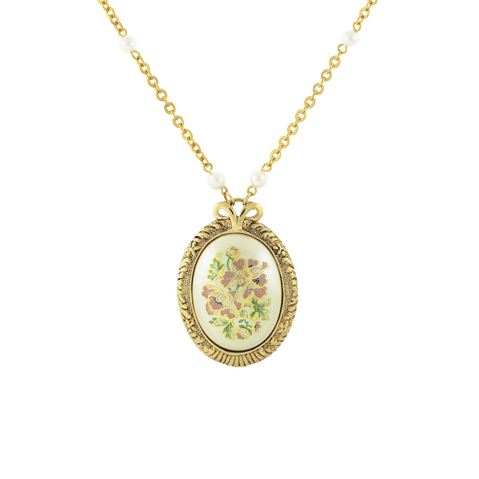 Gold Pearl Floral Oval Necklace - Royalties