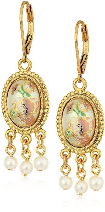 Gold Pearl Flower Oval Earring - Royalties