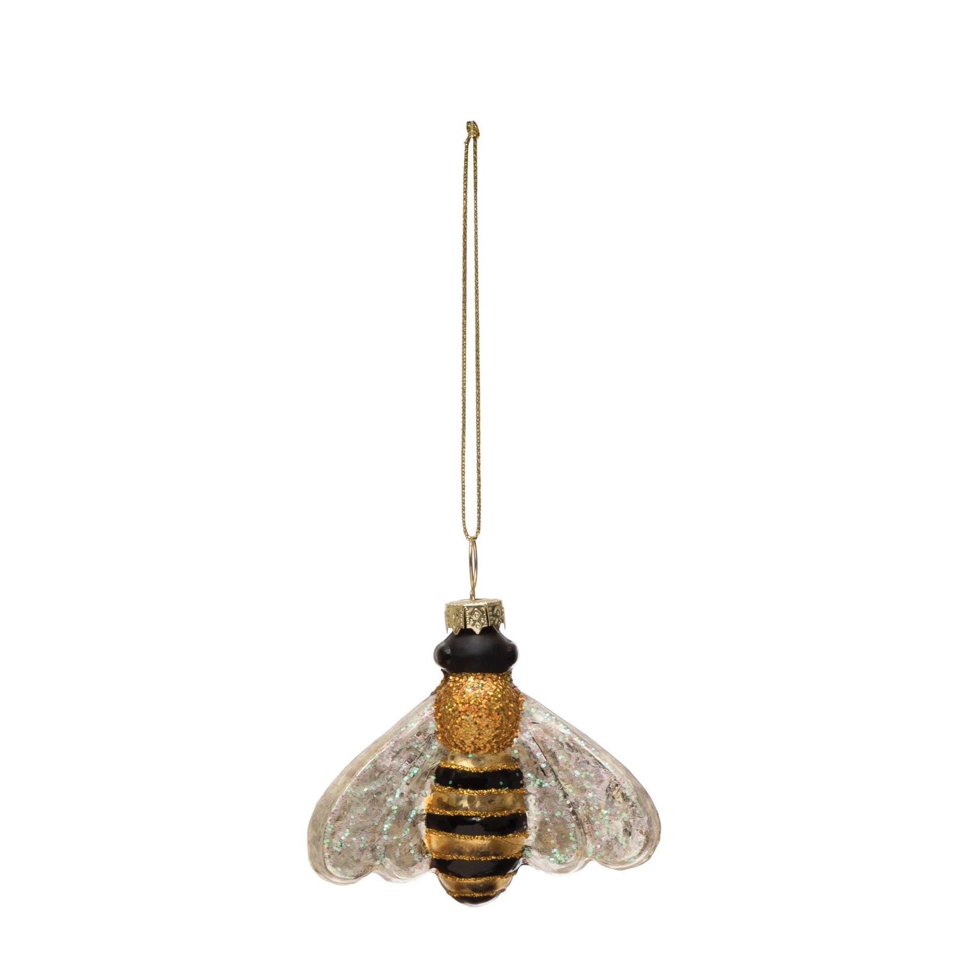 Hand-Painted Glass Bee Ornament with Glitter - Royalties