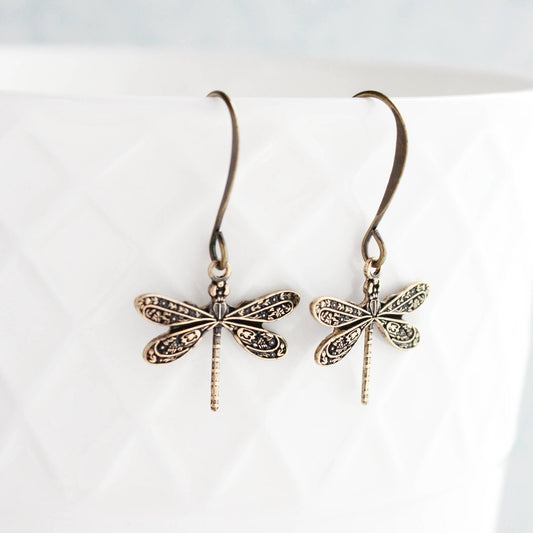 Little Antiqued Gold Dragonfly Earrings - Royalties