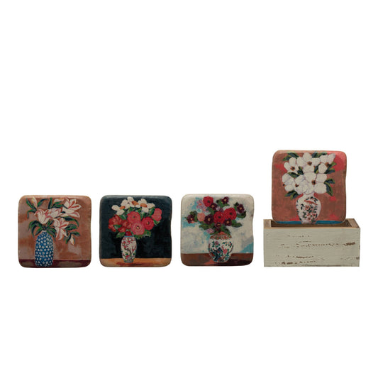 Resin Coasters with Flowers in Vase in Wood Box - Royalties
