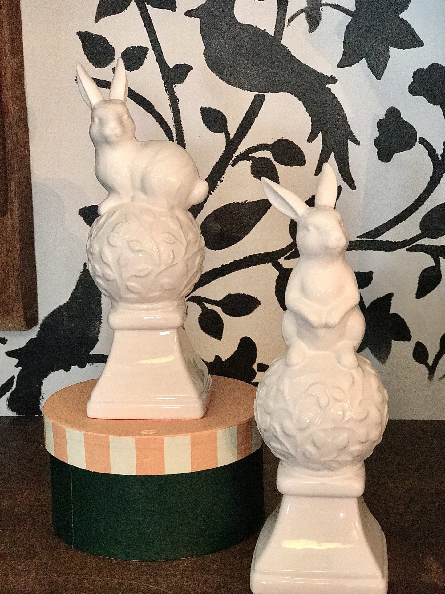 White Ceramic Finials With Bunnies on Top - Royalties