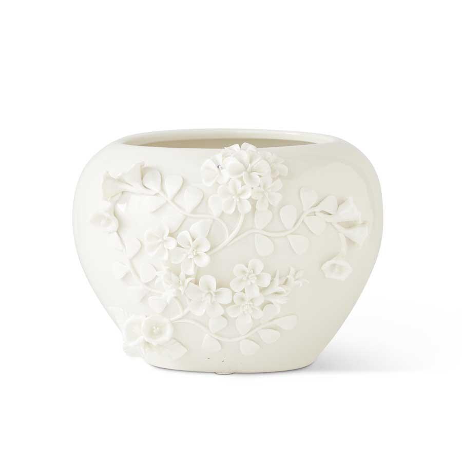 White Ceramic Pot With Raised Jasmine Flowers - Royalties